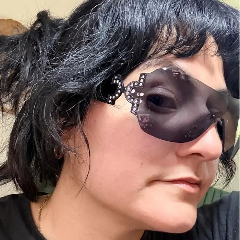 Unisec black oversized shield sunglasses with rhinestone Y2k mcbling glam cyber